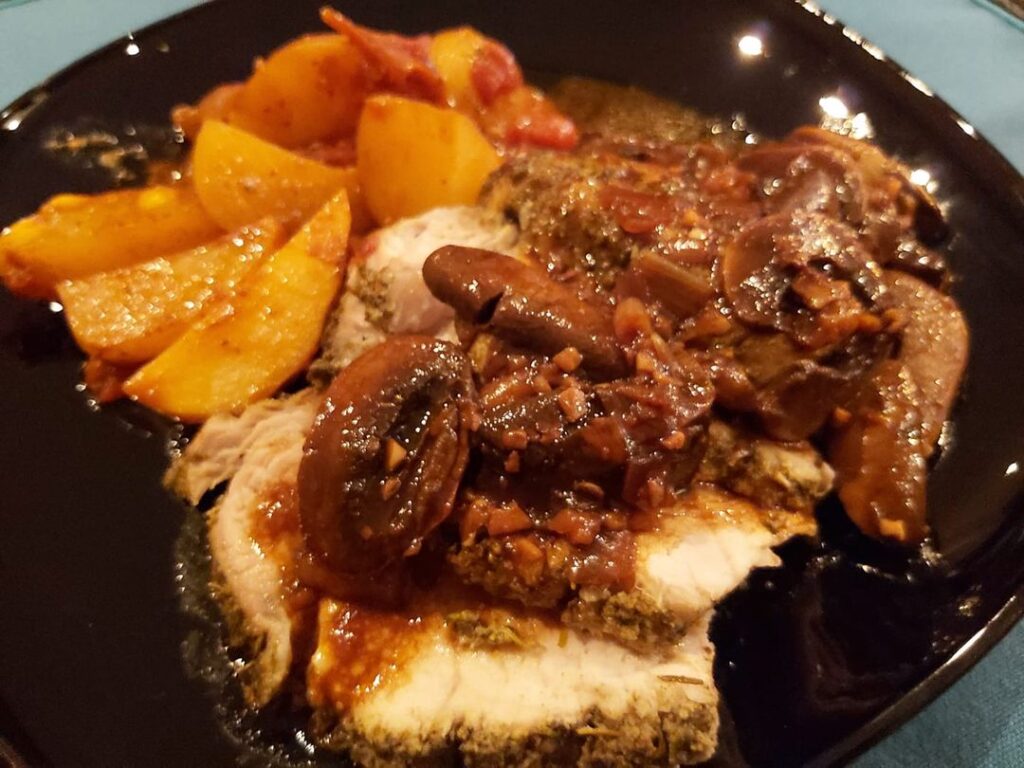 pork roast with mushroom gravy and spuds