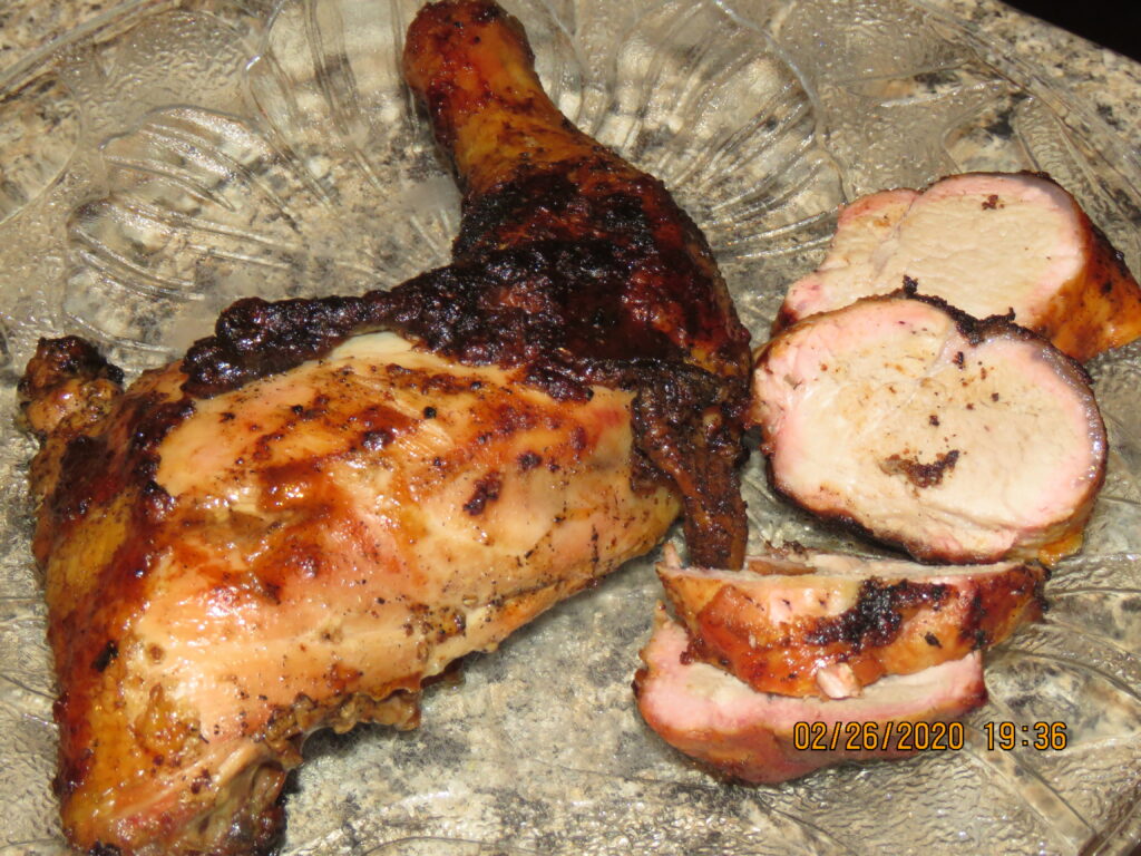 Barbequed chicken and pork