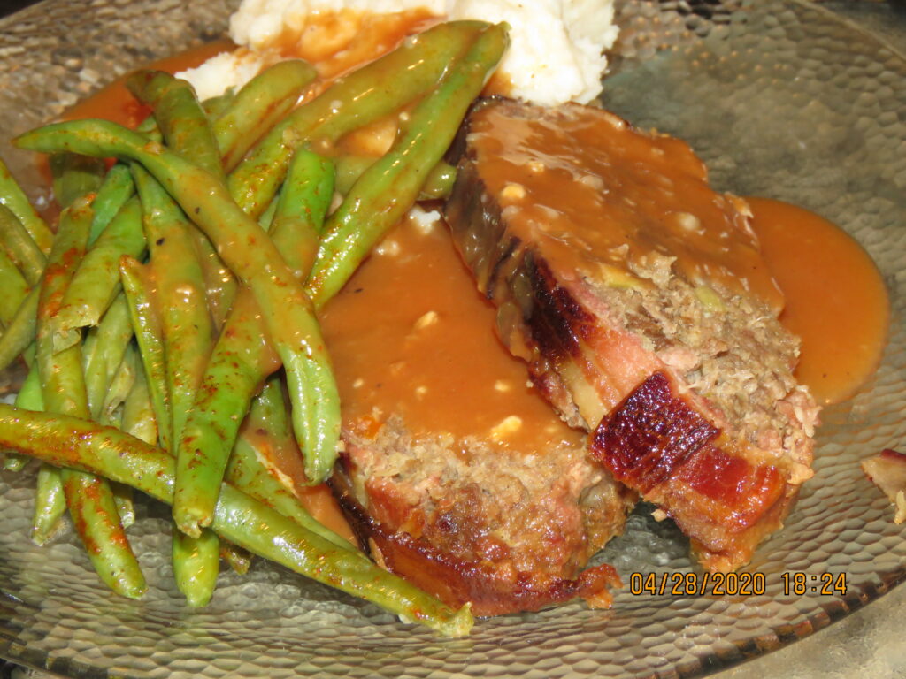 Smoked Bacon Wrapped Meatloaf with beans and potatoes 4