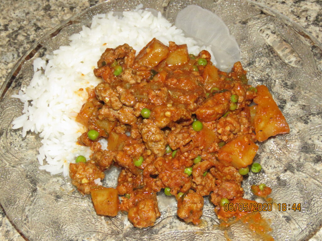 Lamb Kheema with Peas, Potatoes, and Rice